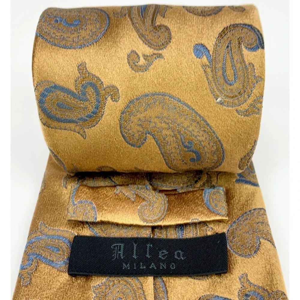 Altea Milano Light Copper Brown Blue Paisley 100% Silk Necktie Hand Made Italy